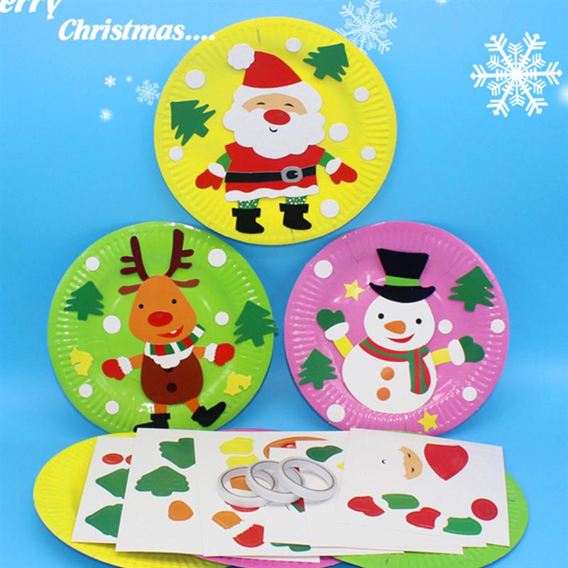 6pcs Dei Bambini Di Natale Piatto di Carta Pittura FAI DA TE Fatti A Mano Materiale Babbo natale Adesivi Vassoio Bambini di Arte Del Mestiere Giocattoli Educativi