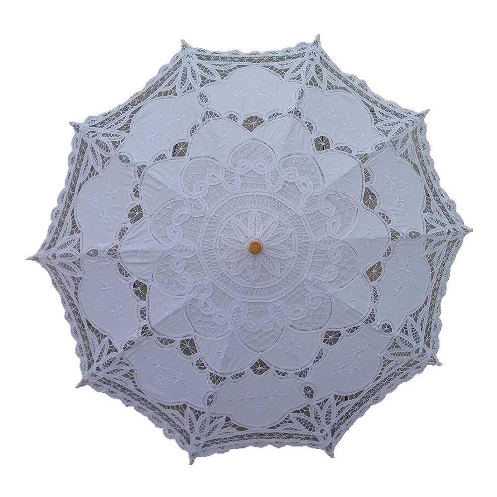 Kant Bruids Paraplu Parasol Zwart Rood Wit Katoen Zonnescherm Voor Bruid Houten Handvat Bruiloft Decoratie Paraplu: WHITE