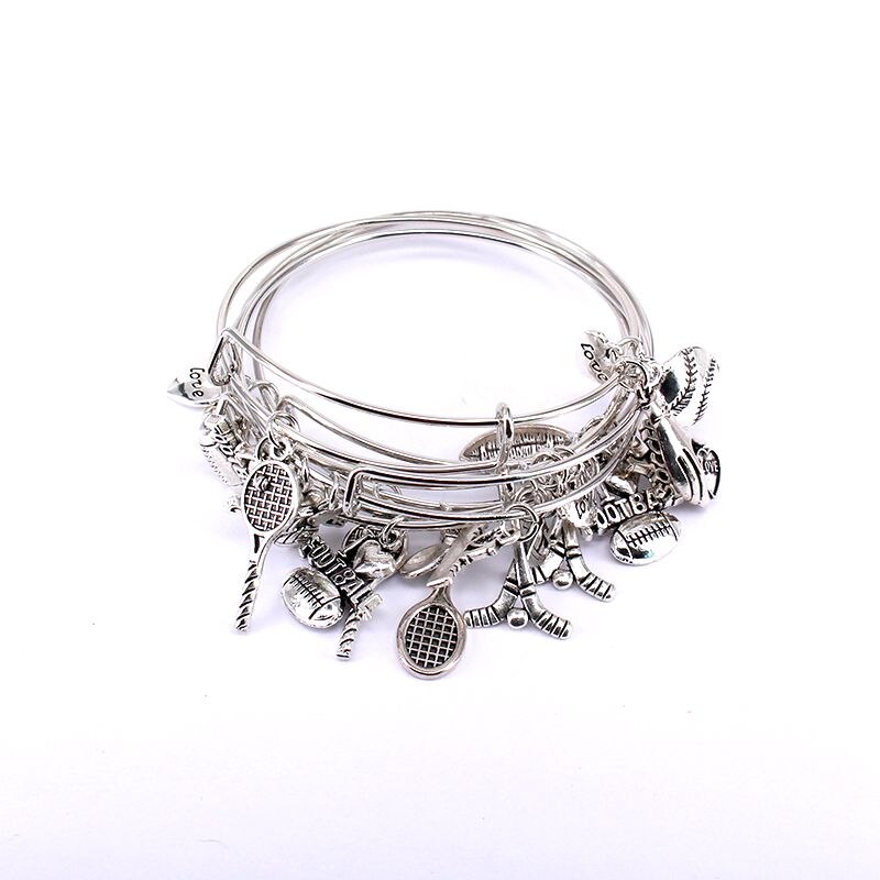 5pcs Bangle Set Gold Colour Cuff Bracelet Basketball Charms Bangle Adjustable Bracelet Bangles for Women Jewelry C033: Silver colour