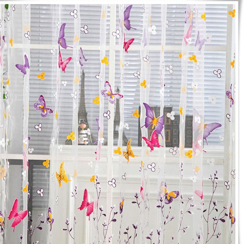 Topfinel farverige sommerfugl tyl på vinduer voile sheer gardiner til køkken stue soveværelse vindue screening gardiner: Purpul / W100 xl 200cm