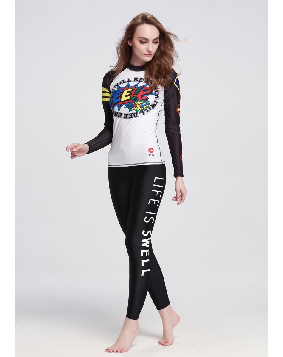 Lange ærmer rash guard badedragt trykt hvid sort dame våddragt uv solbeskyttelse basic skins crew sol skjorte rashguard
