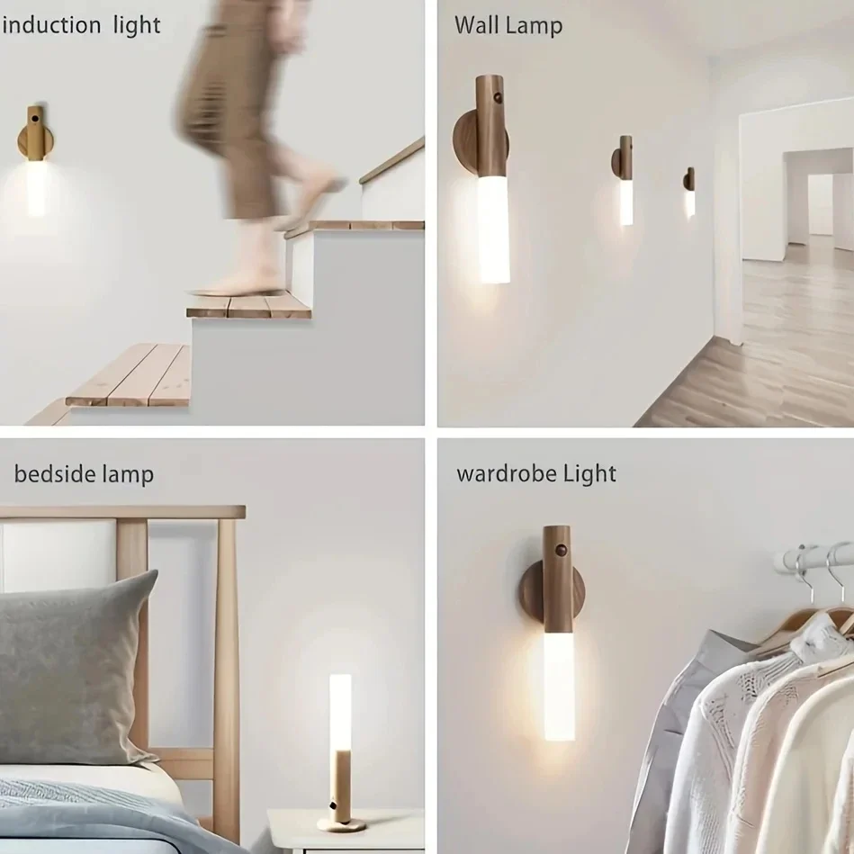 Bevegelsessensor ledet-nattlys oppladbare vegglamper magnetiske vegglamper trevegglampe til soverom trappebordskap