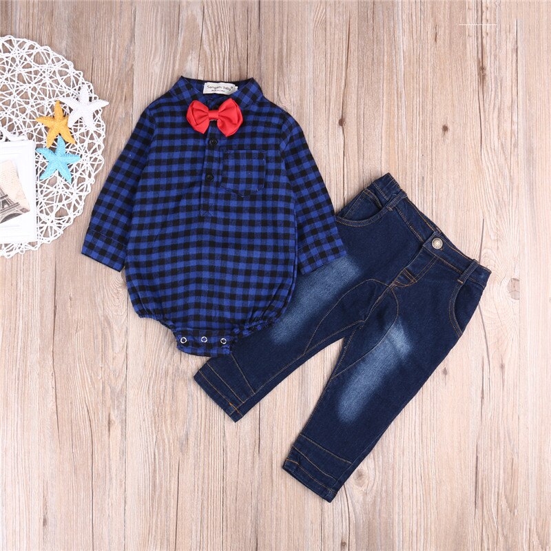 CANIS-Conjunto de ropa para niños recién nacidos, mono escocés, Tops, pantalones vaqueros, pantalones mallas conjuntos, traje Formal