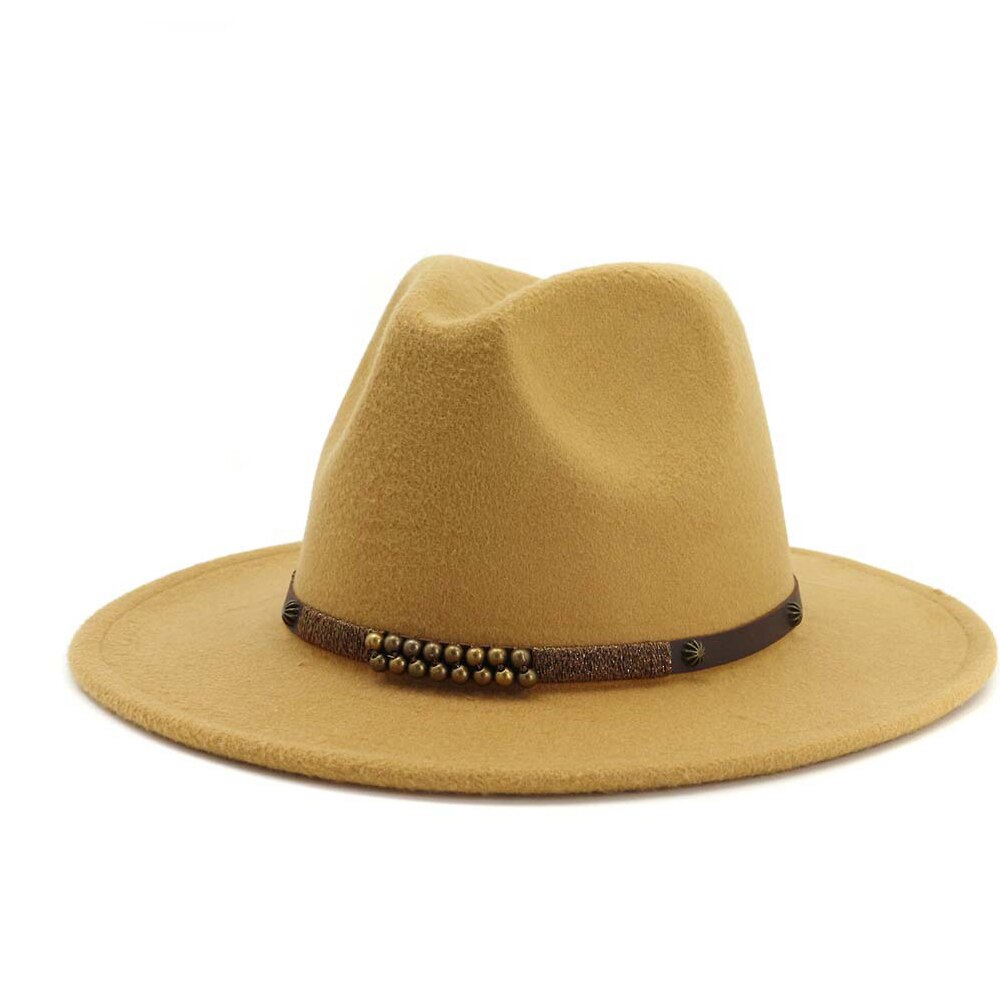 Men Women Fedora Hat With Belt Wide Brim Hat Ladies Winter Hat Pop Jazz Hat: Beige