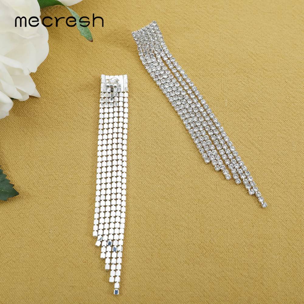 Mecresh Kristall Frauen Tropfen Ohrring Silber Farbe Braut Lange Quaste Ohrring Ohne durchbohren Clip Auf Hochzeit Party Ohrringe äh424