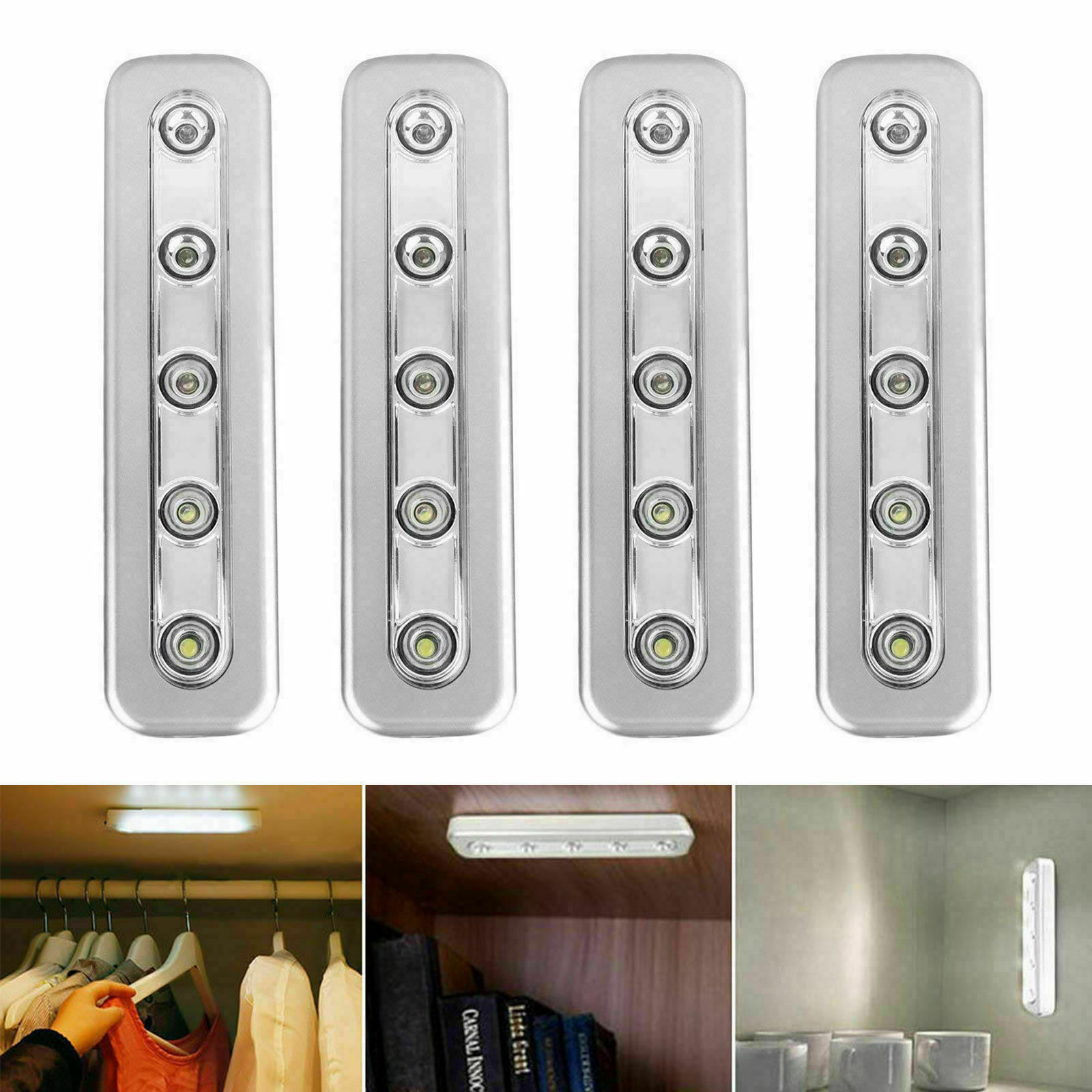 4X Silver 5LED Touch Strip Push Lights For Camper RV Caravan Kitchen Cupboard Cabinet Lamp