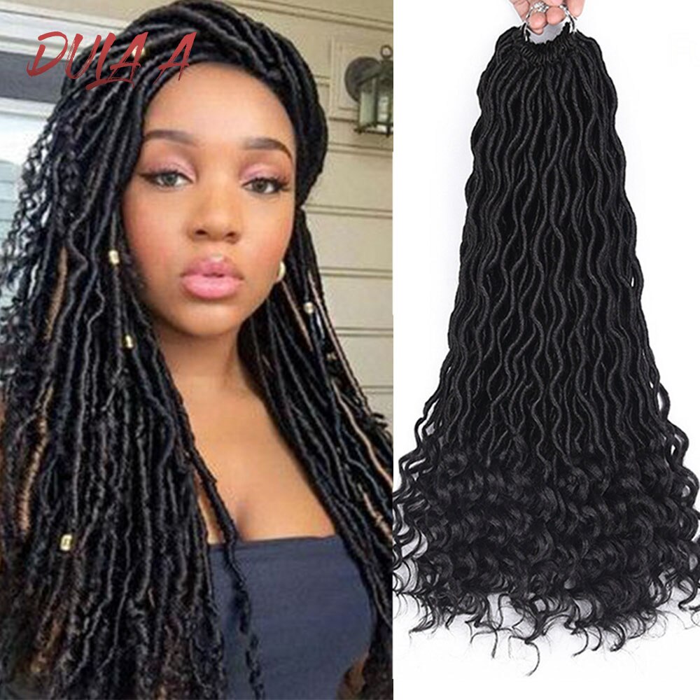 Dula A 20Inch Long Faux Locs Curly Crochet Hair Ombre Dark Brown Synthetic Braiding Hair Extensions 24 Strands/Pack
