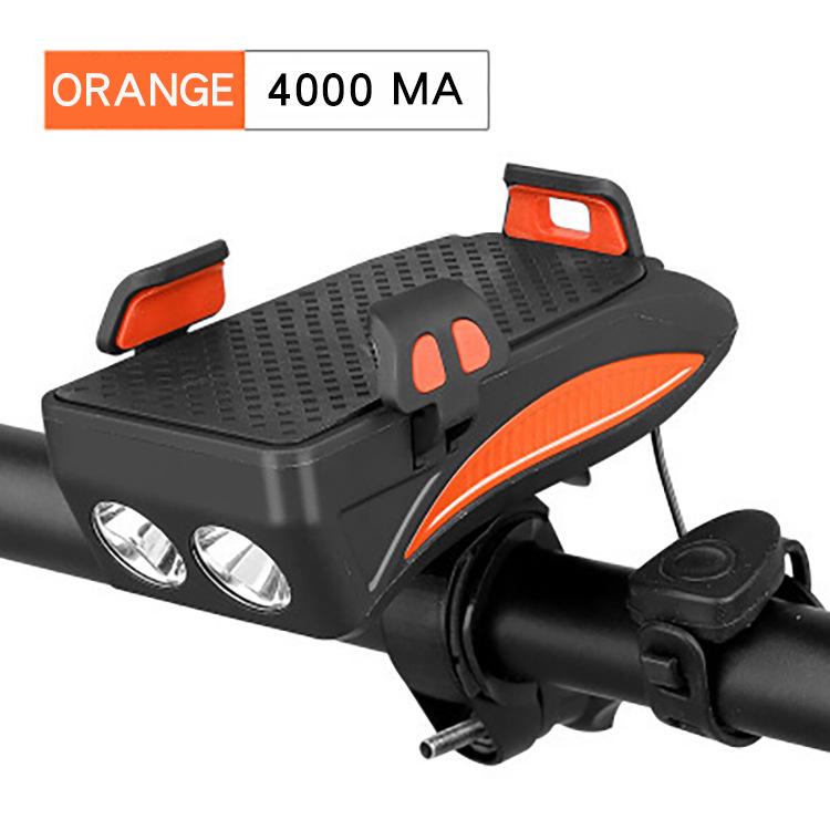 4 in 1 cykel lys led cykel frontlys usb genopladelige strømbanker cykel telefon stativ horn multifunktion mtb lommelygte: Orange 4000