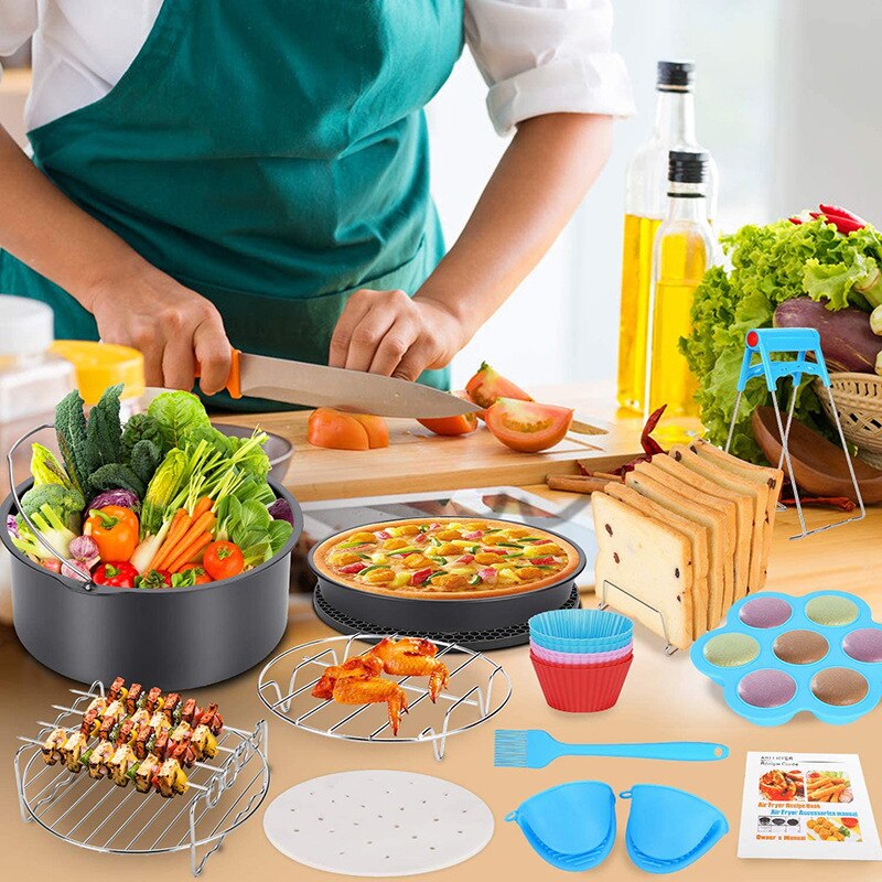 6Pcs 7 Inch Air Fryer Accessories Set Cake Barrel Baking Basket Pizza Plate Grill Pot Kitchen Cooking Air Fryer Tools