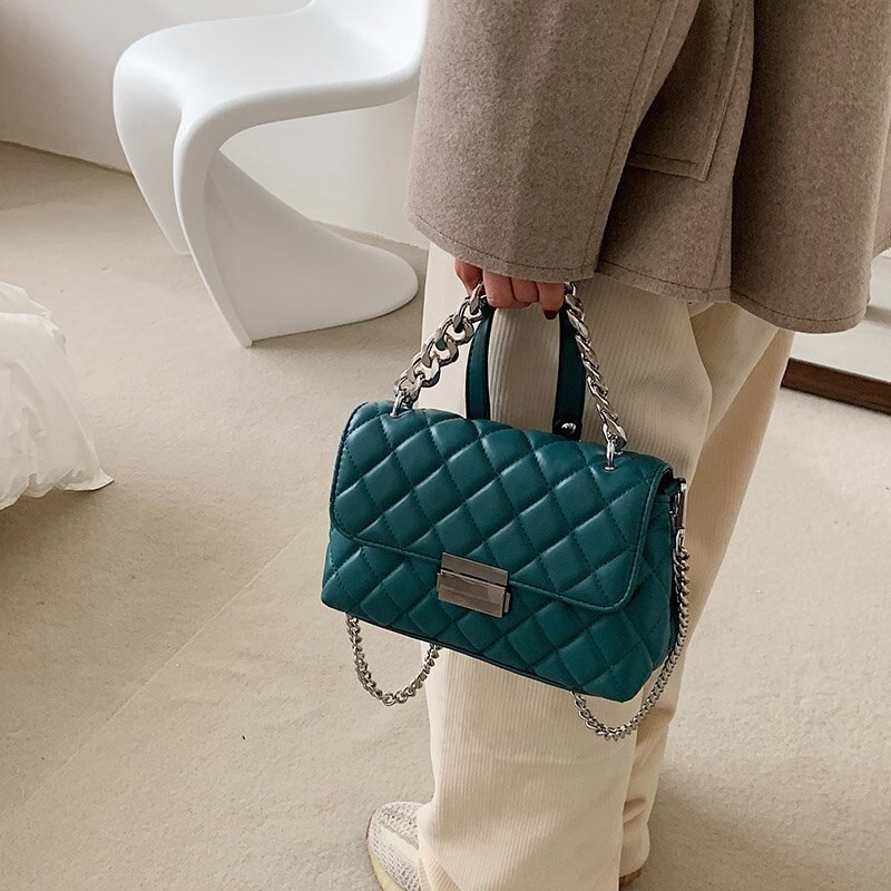 ATLI Neue Silber Kette Kleine Klappe Umhängetaschen für Frauen PU Leder Schulter Handtasche