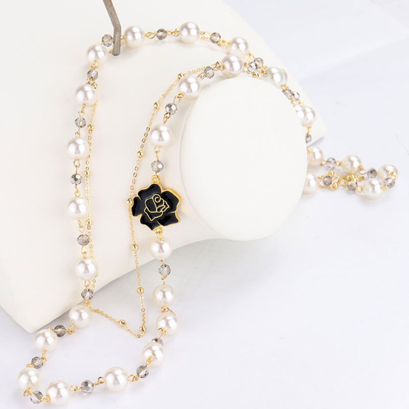 Brand Lange Gesimuleerde Parel Ketting Voor Vrouwen Camellia Dubbele Laag Hanger Lange Ketting Partij Sieraden: White