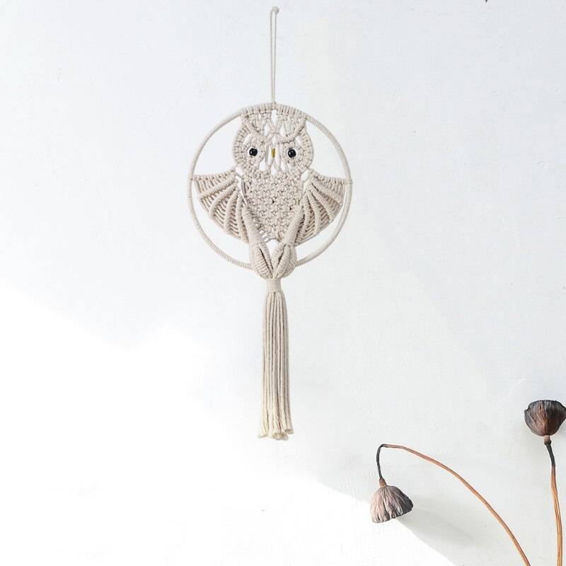 Atrapasueños de búhos, macramé de algodón, colgante para pared de macramé, decoración tejida a mano, amuleto de búho, accesorios de decoración del hogar
