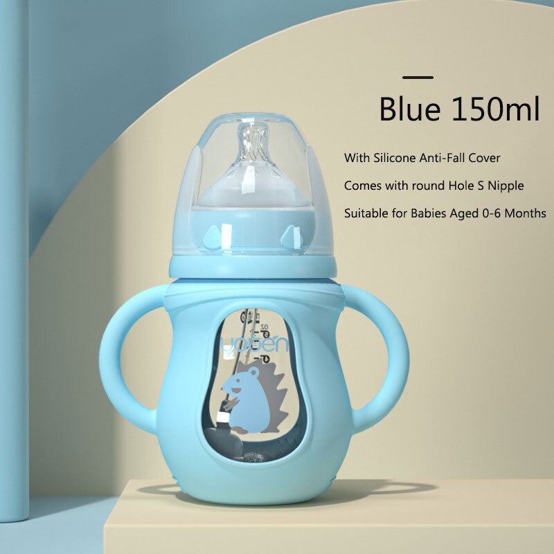 Cute Glass Baby Bottle Silicone Straw Water Drink Bottles For Baby Milk Feeder Set Baby Feeding Bottle Newborn Baby Bottle: Blue 150ml