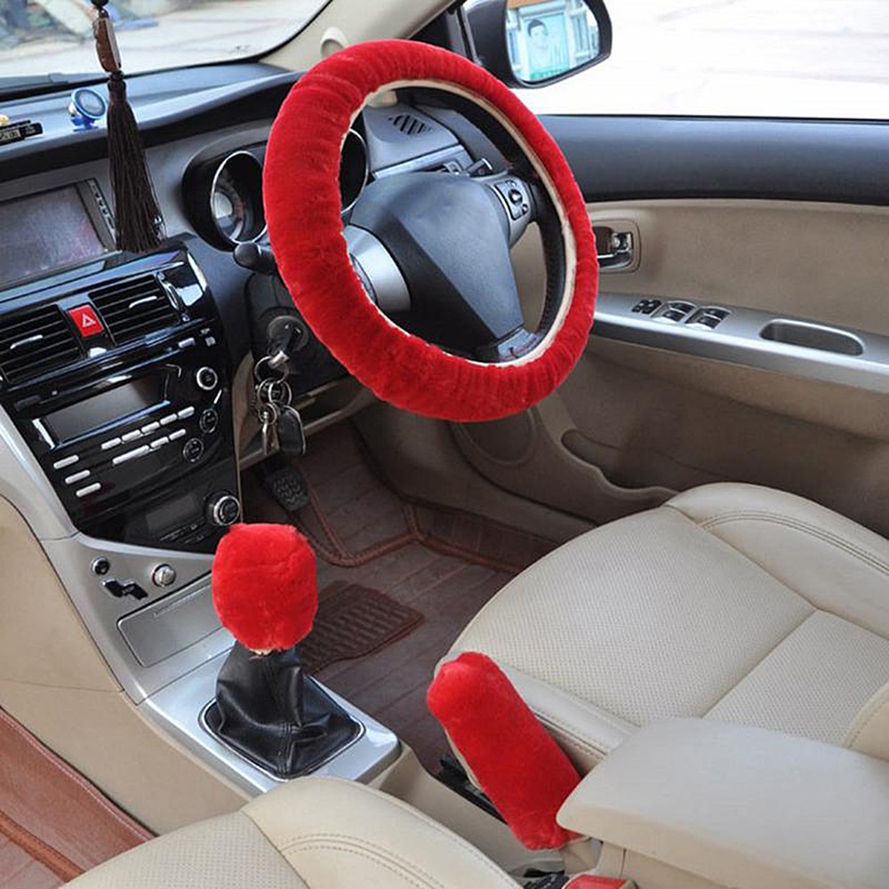 Funda de volante Universal de felpa de de coche, traje de tres piezas de felpa cálida de invierno, accesorios para coche peludos