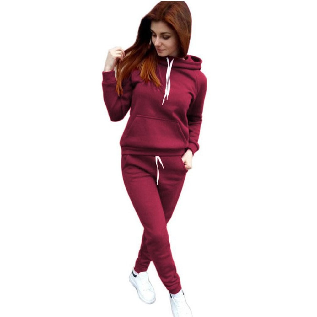 Survêtement pour femmes, ensemble deux pièces, sweat-shirt à capuche et pantalon à lacets, tenue de sport décontractée, printemps, automne et hiver,: wine red / XL