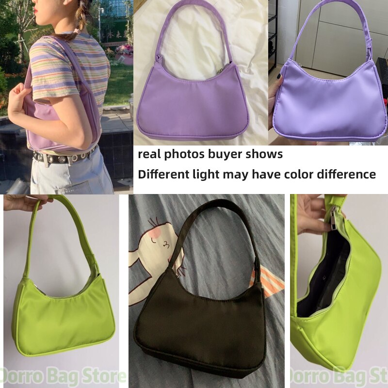 Slik farve damer armhule taske retro nylon kvindelig hobos håndtaske vintage kvinder baguette skuldertaske clutch pung