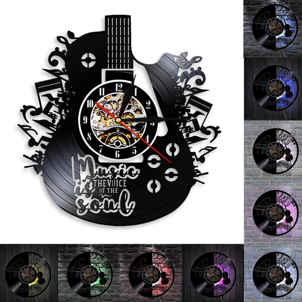 1pc Vinyl Record Wall Clock Guitar Shape Wall Hanging Clock Decorative LED Clock Without Lamp (As Shown)