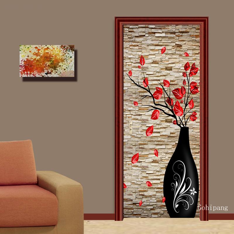 3D en relief Vase fleurs maison porte autocollant décoration Style chinois papier peint salon étude vinyle porte murale porte autocollant