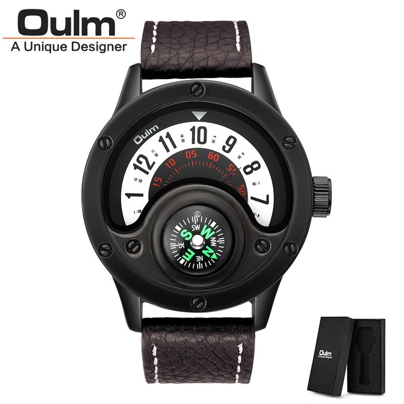 Oulm 3880 Mannen Luxe Sport Quartz Horloge Mannen Lederen Horloges Decoratieve Kompas Big Size Man Horloge Relogio Masculino: Brown(with box)