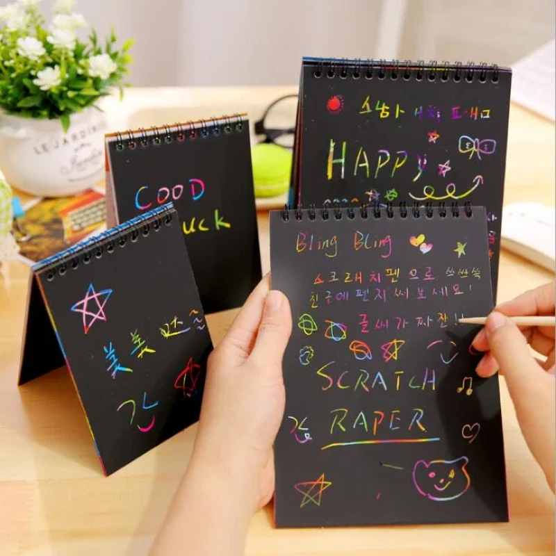 Black Cardboard Scratchbook Drawing Book DIY Scratch Stickers Notebook Stationery Drawing Toy with wood pen as