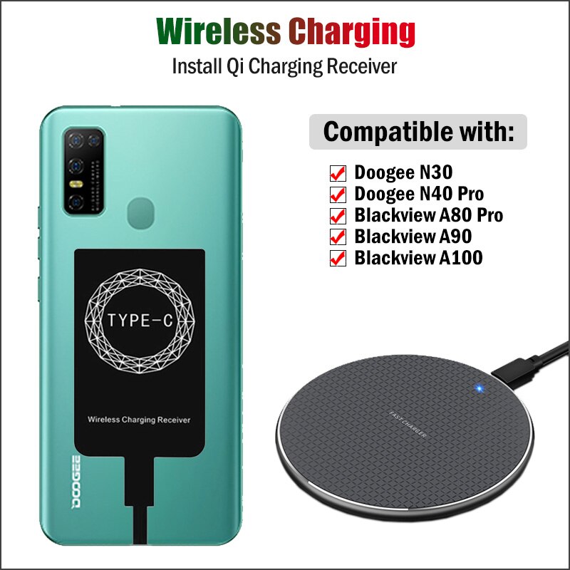 Qi Draadloos Opladen Receiver Voor Doogee N30 N40 Pro Blackview A80 Pro A90 A100 Draadloze Oplader + Usb Type-C Opladen Ontvanger