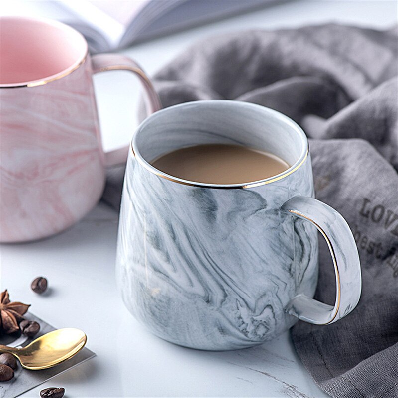 Luxury Marble Pattern Coffee Mug Gold Plated With Handle Ceramic Mugs Morning Milk Tea Cup Pink Gray Couple