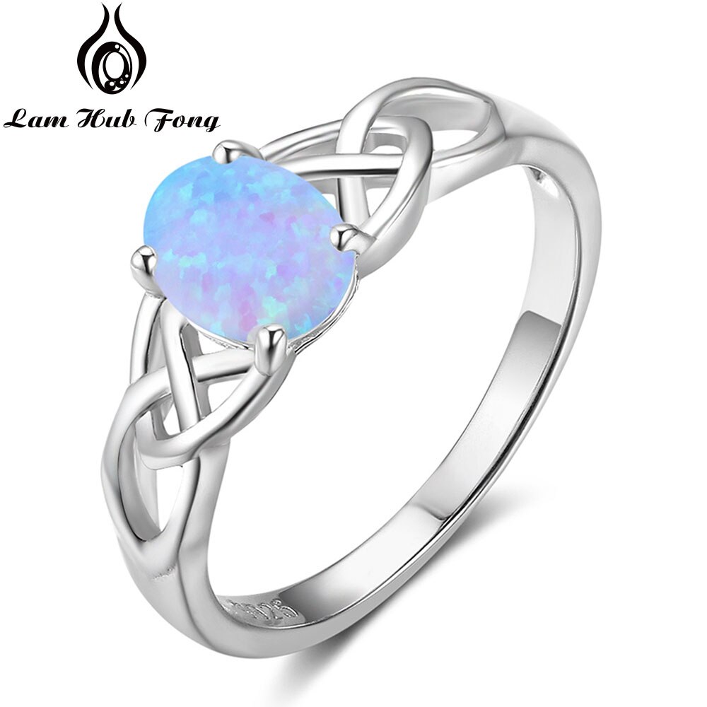 925 Sterling Silver Braided Ring with Oval White Pink Blue Opal Stone Wedding Engagement Rings for Women (Lam Hub Fong): 6 / Blue Opal