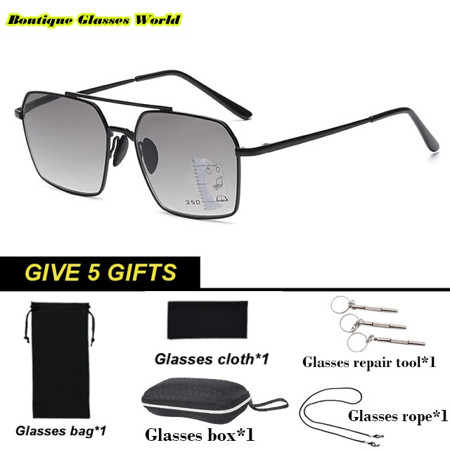 Retro Progressive Multi-Focus Zon Leesbril Mannen Vrouwen Smart Zoom Anti-Blauw Licht Outdoor Full Frame Grijs brillen 2022: +100 / square-gray