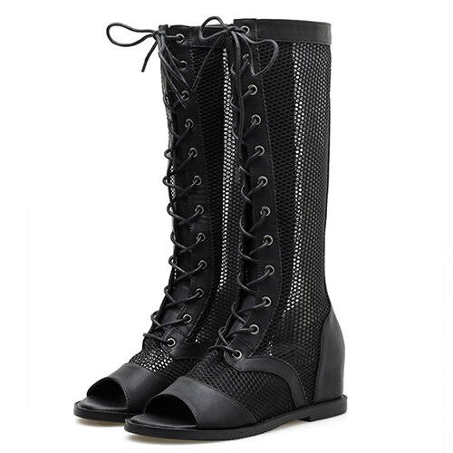 Gdgydh veterschoenen voor dames in de zomer, stijlvolle rome mesh open teen rits kniehoge laarzen sandaal hoogte toenemende zwarte punkschoenen: 7