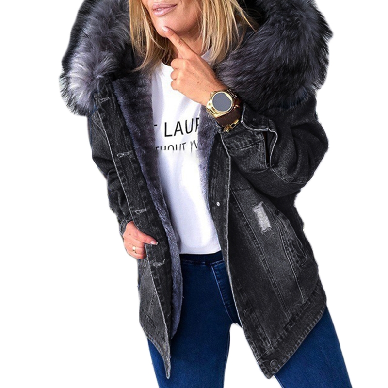 Dam vinter varm fluffig krage huva jeansjacka tjock plyschfodrad varm långärmad jeansjacka buttondown överdimensionerad lös jacka: Xxl / Grå