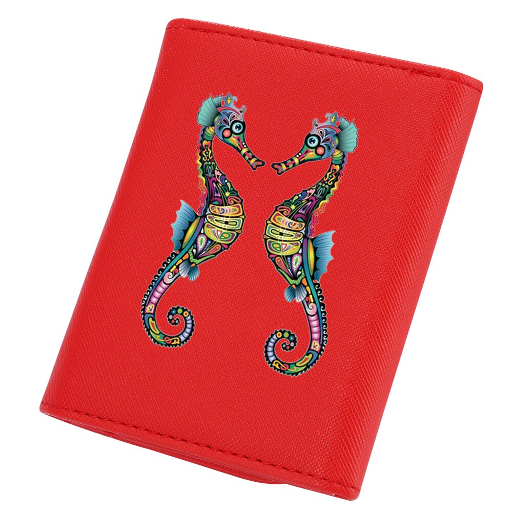 Mode Vrouwen Portefeuilles Vrouwelijke Prints Patronen Korte Trifold Portemonnees Lederen Dames Rits Kaarthouder Clutch Bag: Seahorses B