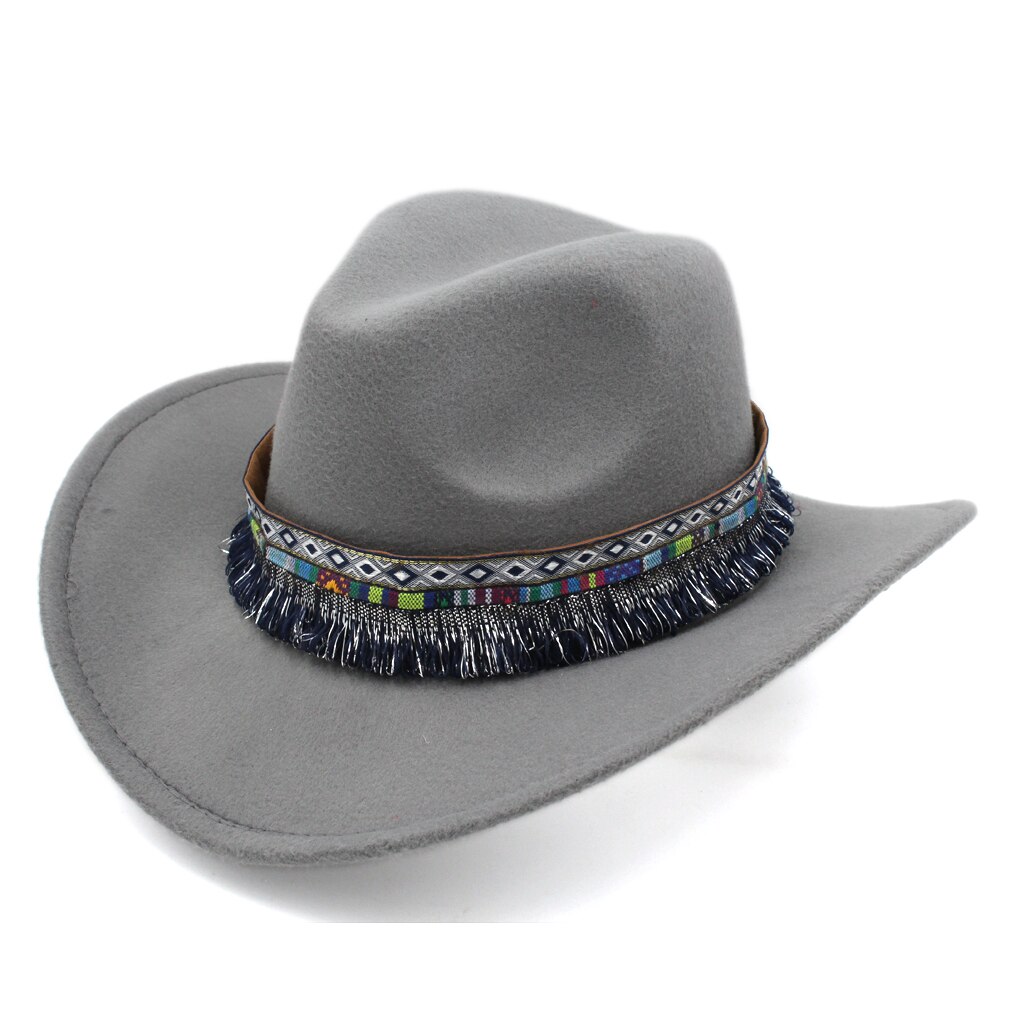 Mistdawn klassiske kvinder mænd western cowboy ridning hat ridning cowgirl cap bred brim m / bohemia kvast bånd størrelse 56-58cm: Grå