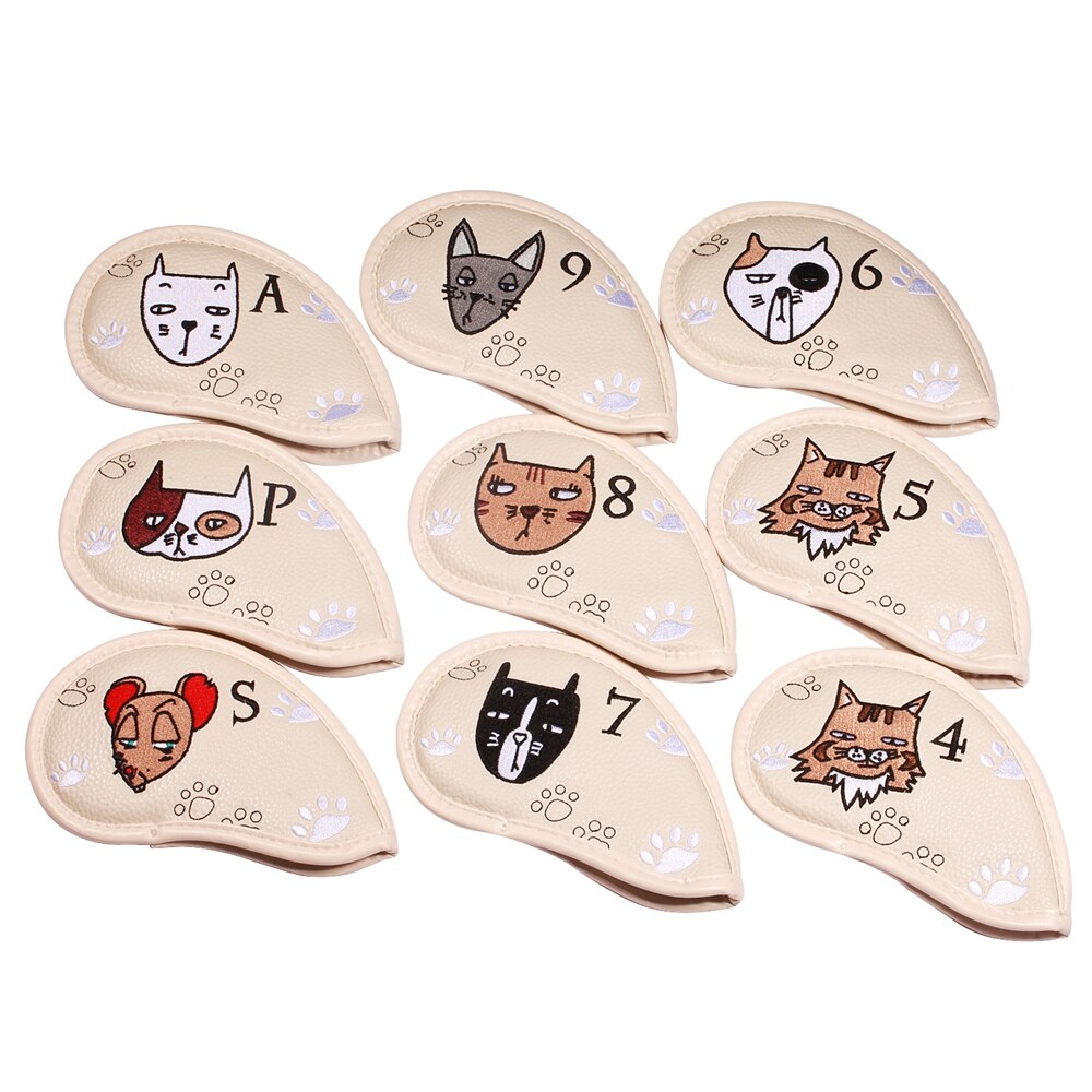 9 Stck Tragbare Golf Verein Headcovers Nette Karikatur Katze aufbringen PU Wasserdichte Fahrrinne hybrid Putter Abdeckung einstellen Jahrgang