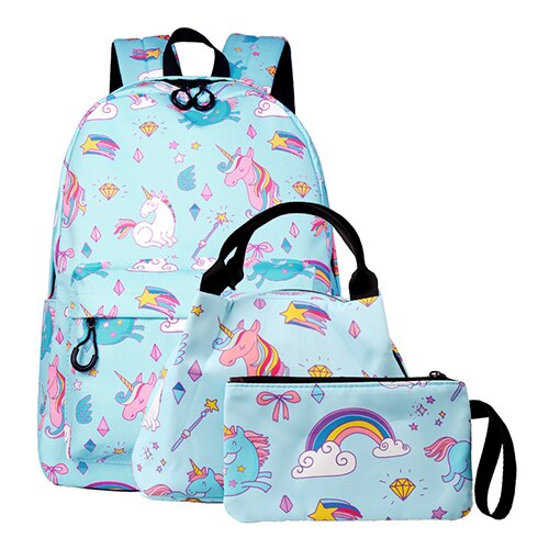 Moda nova unicórnio impressão mochila repelente de água pacote isolamento 3 pc/set mochila lazer viagem grande capacidade saco estudante: Sky blue