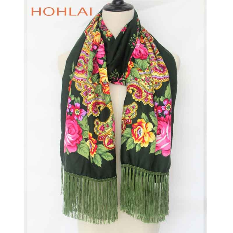 Foulard Long Femme à Franges - Imprimé Floral - Mélange Coton - Plus de 175cm: Vert armée