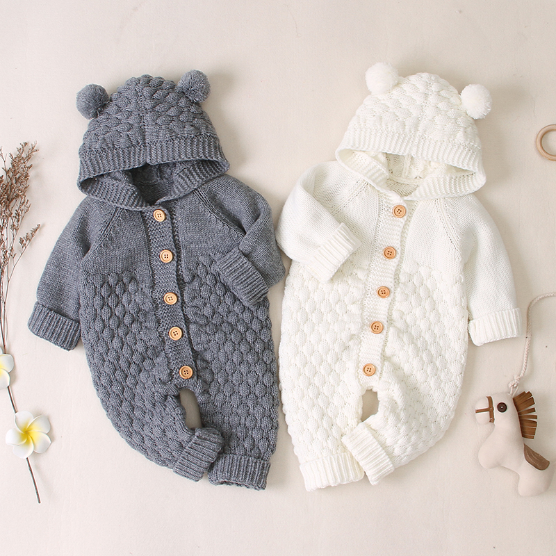 Herfst Baby Baby Meisjes Lange Mouw Gebreide Solid Print Hoodie Rompertjes Trui Kinderen Jongens Jumpsuit