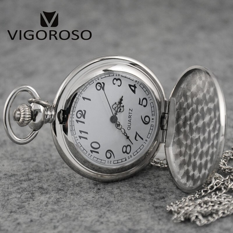 VIGOROSO-reloj de bolsillo de cuarzo para hombre y mujer, cronógrafo con números arábigos, esfera blanca, Estilo Vintage, Color plateado,