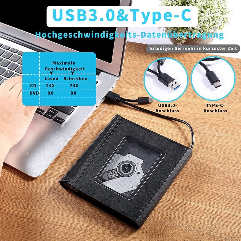 Externe Dvd Drive, Usb 3.0 Type-C Draagbare Cd Speler Voor Laptop, dvd Rom Speler CD-RW Compatibel Met Laptop Desktop Pc