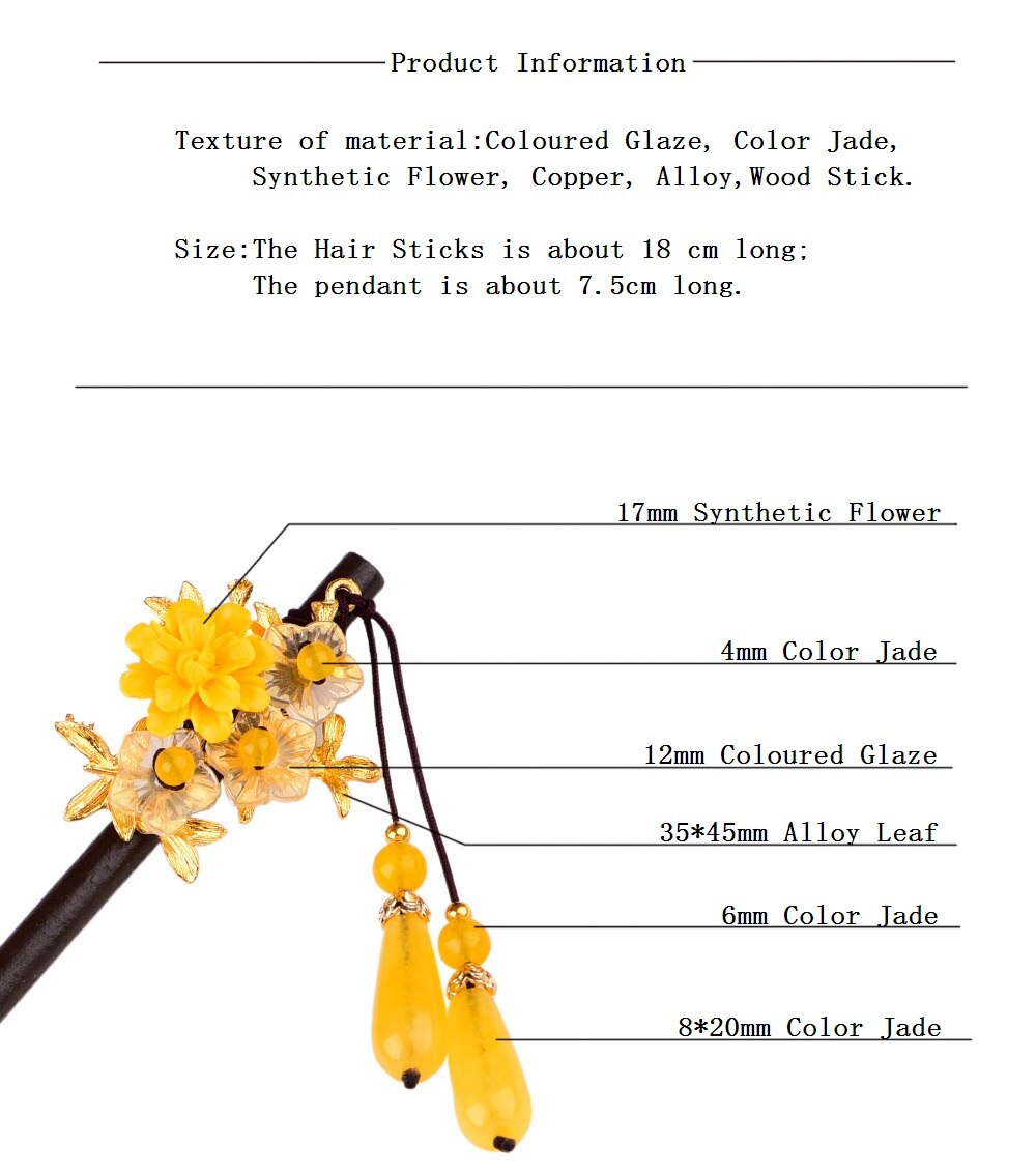 Retro criativo amarelo sintético flor confortável jóias de cabelo pessoal elegante gota de água pingente de madeira vara de cabelo