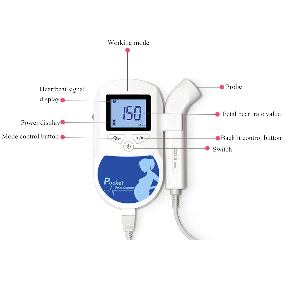 Détecteur de Doppler fœtal domestique affichage LCD bébé battement de coeur moniteur sonore santé sonde prénatale compteur de soins de santé Doppler de poche
