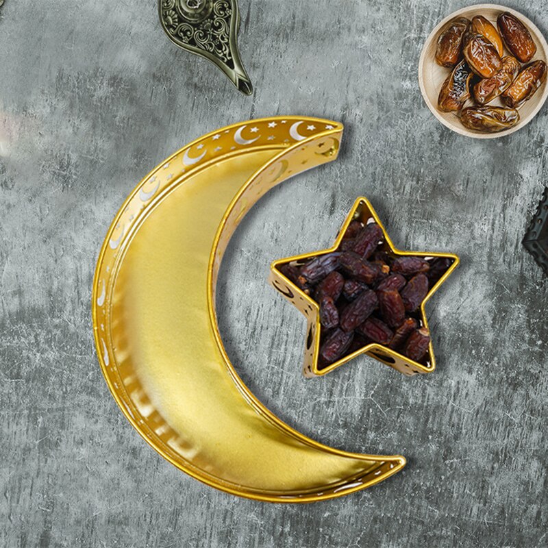 Eid Mubarak Maan/Ster Dienblad Servies Dessert Voedsel Opslag Container Ramadan Smeedijzeren Lade Voor Thuis Decor Organizador