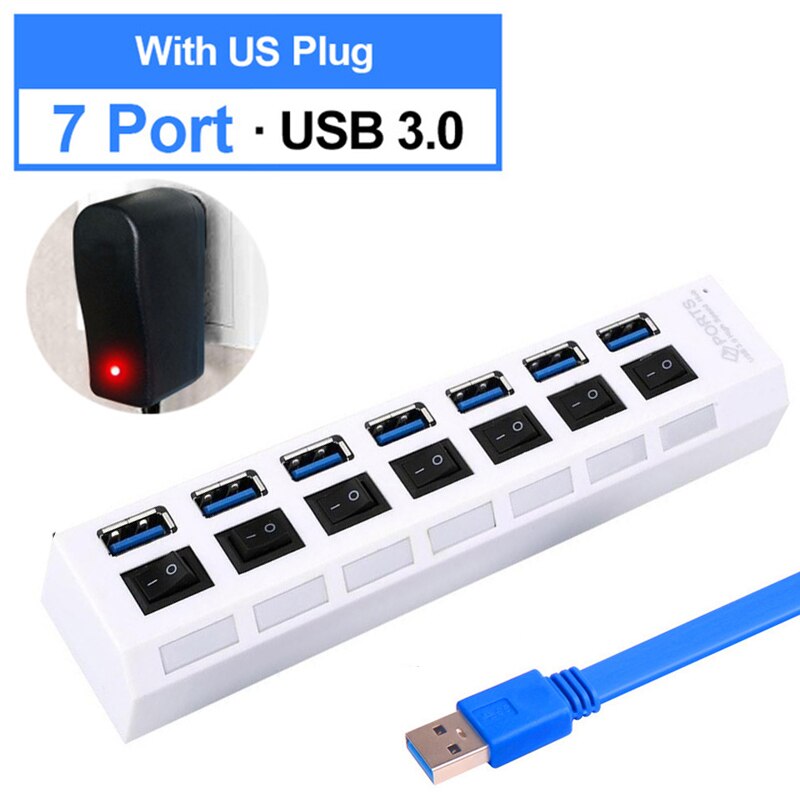 7 Port USB 3.0 Hub With Individual LED Power Switches For Macbook Pro Air Computer PC Laptop Accessories Cable Splitter Adaptor: 7 Port White US