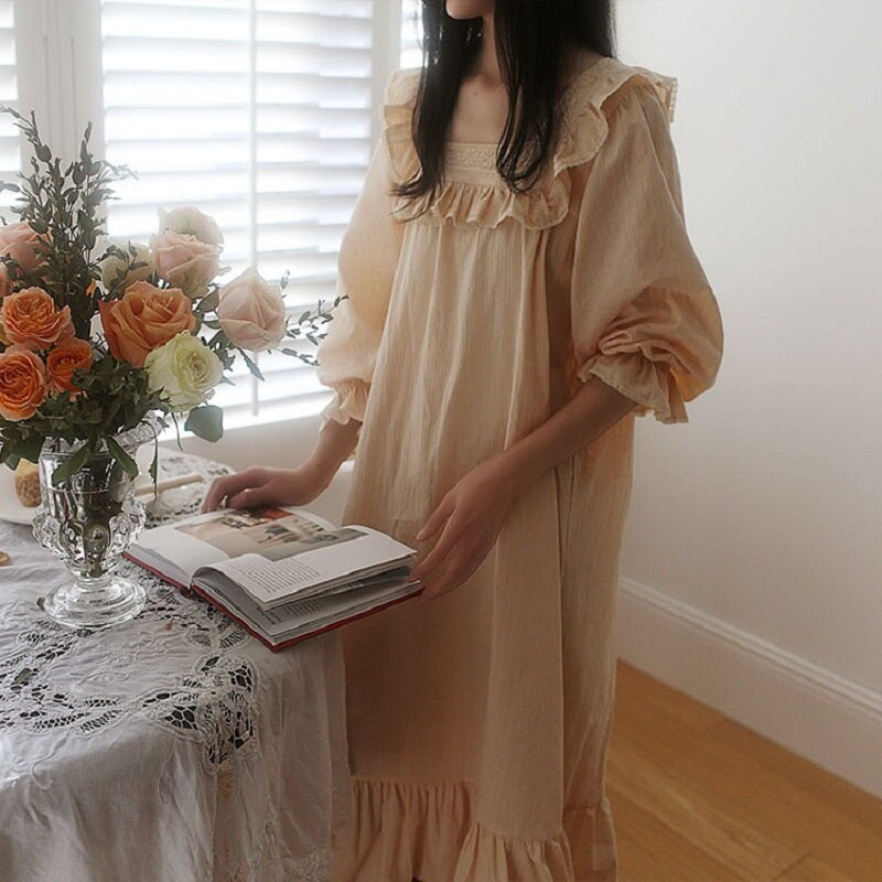 Camisones largos de algodón suave para mujer, ropa de dormir de manga larga con bordado de encaje de princesa, para primavera y otoño