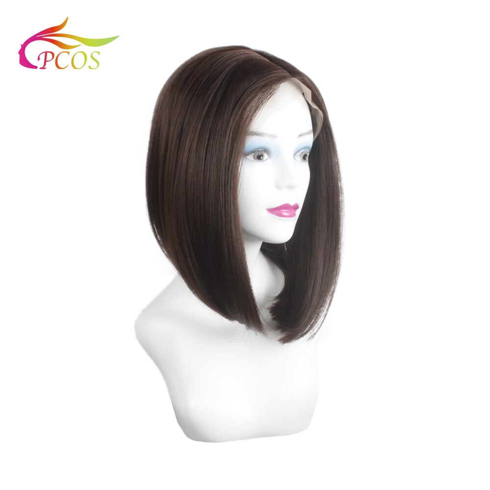 14"Short Female Bob Front Lace Synthetic Wigs Brown Middle-part Wig for Black White Women Frontal Lace Line Hair Wig