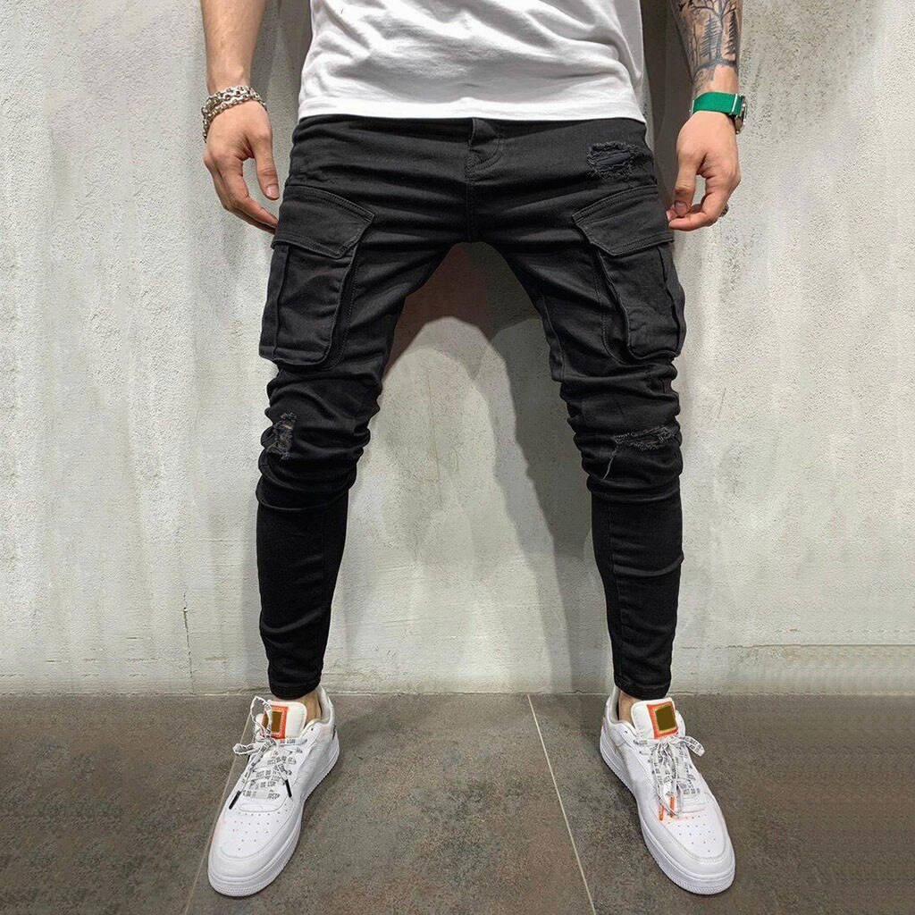 Men Jeans Black Cool Skinny Knee Hole Ripped Stretch Slim Elastic Denim Pants Casual Trousers Street Clothing#g36: L