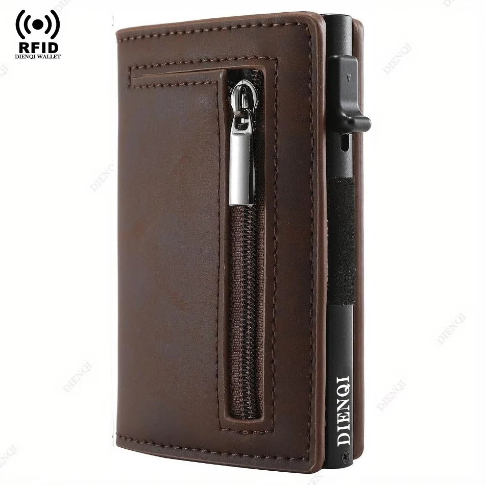 Anti RFID Bank Creditcardhouder Heren Portemonnee Luxe Pop-up Metalen Kaarthouder Case Aluminium Slanke Dunne Minimalistische Rits Portemonnee: COFFEE