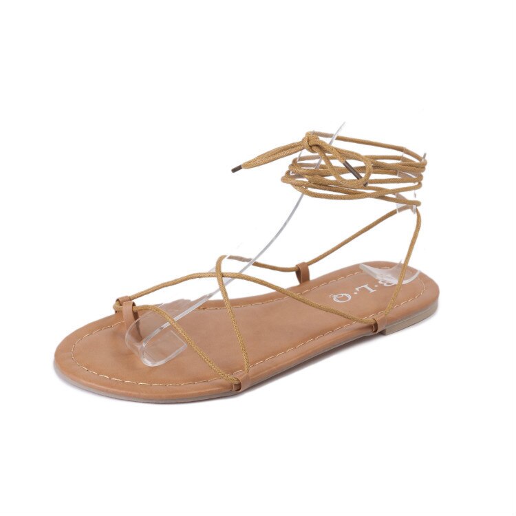 So Sexy Peep Open Toe Gladiator Sandals Roma Lace Up Cross Tied Sweet Ladies Summer Shoes Women Cheap Flat Sandals: Light Brown / 38