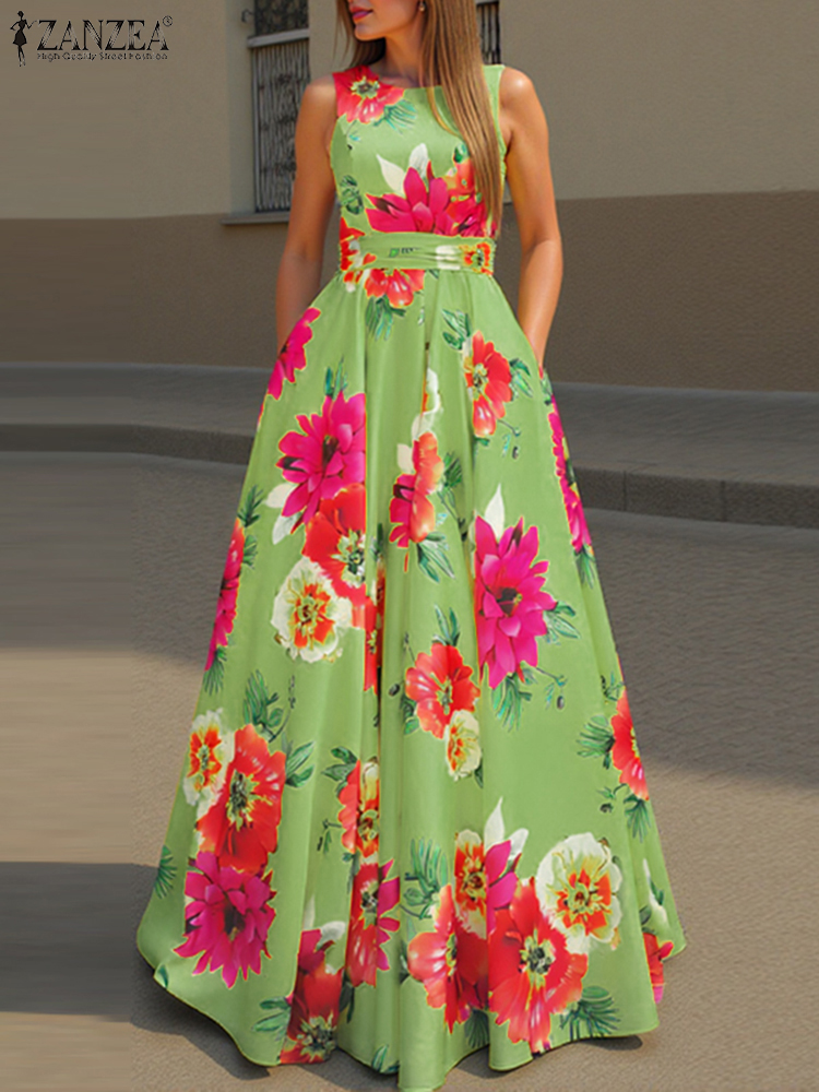 ZANZEA Frauen Bohemian Kleid Floral Bedruckte Tank Sommerkleid 2025, Sommer Ärmellose Taille Robe Casual Party Maxi Kleider