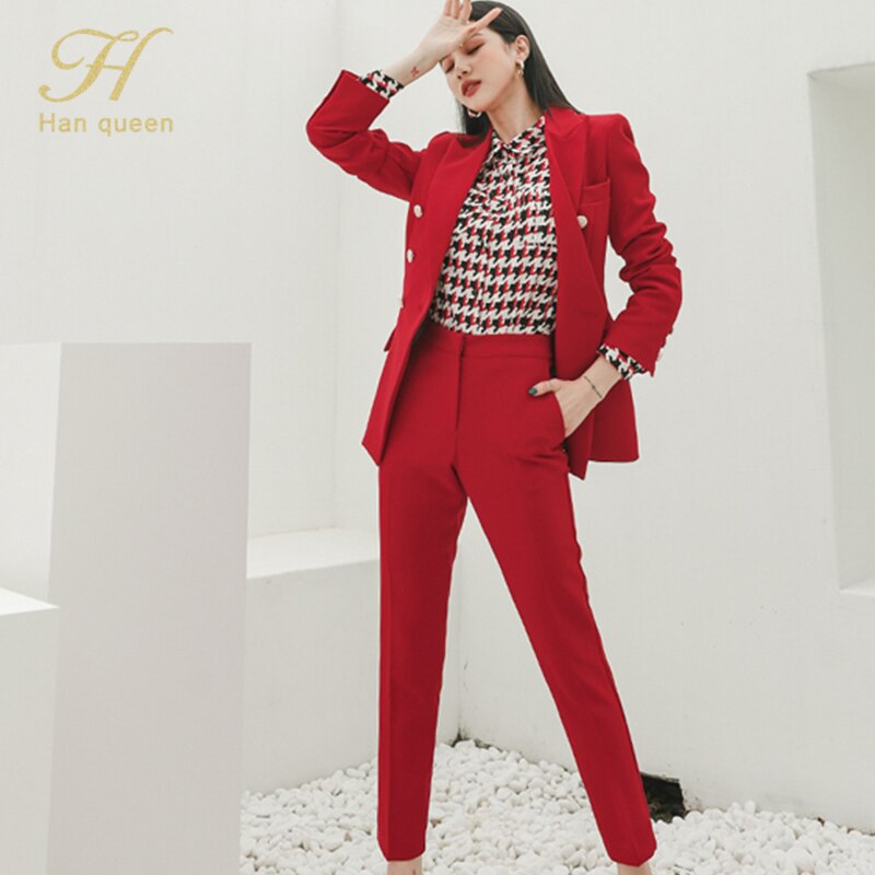 H han dronning kontor dame bukse dress dress rød 2 stykke sett til kvinner dobbelt breasted blazer & blyantbukser koreansk forretningssett høst
