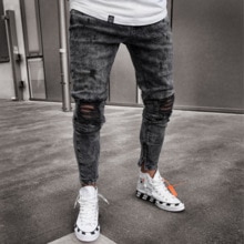 Jean déchiré noir pour homme, pantalon crayon, moulant, de rue, Hip-Hop, Cowboy, trou, vêtement en Denim extensible de